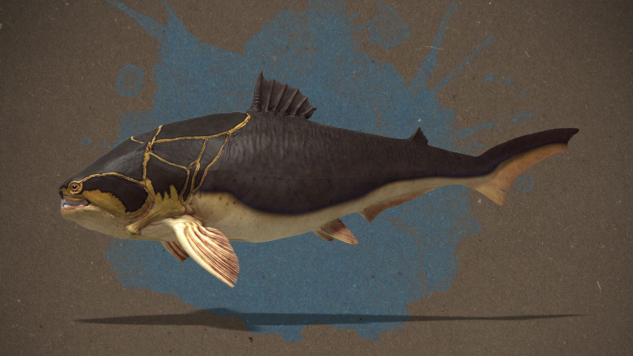 3D-Illustration: Lebendrekonstruktion d. Dunkleosteus Terrelli mit gelblichem Bauch und goldgelben Akzenten an den Panzerplatten