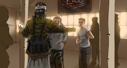 Illustration: IS-Kommandeur überreicht zwei jungen Männern Bargeld und ein Smartphone