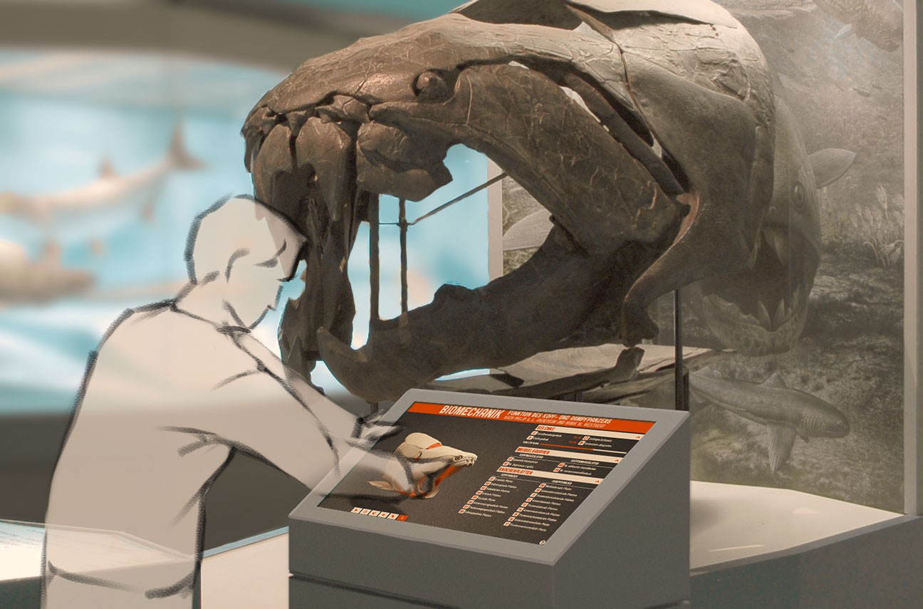 Fotomontage: Schemenhafter Mensch bedient Touchscreen vor Dunkleosteus-Schädel im Musuem