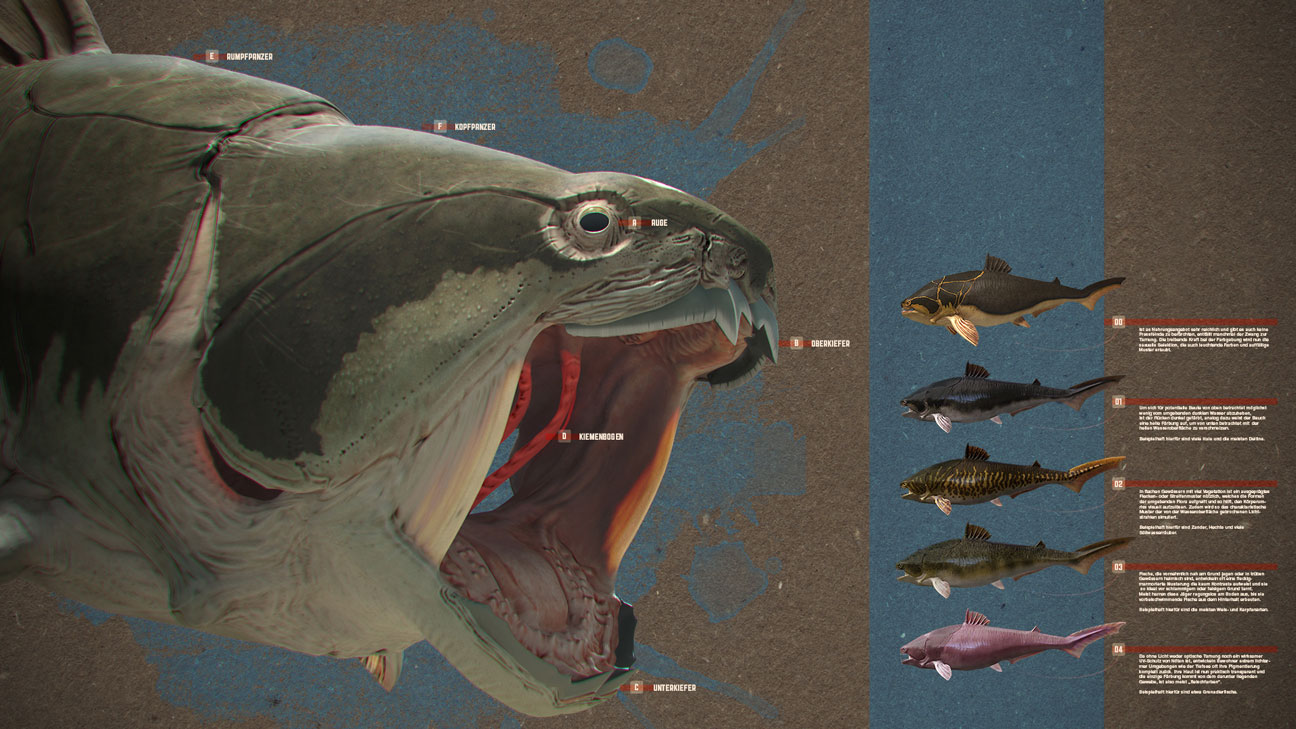 3D-Illustration: Kopf des Dunkleosteus mit geöffnetem Maul, daneben unterschiedliche Farbvarianten für die Lebendrekonstruktion des Panzerfisches
