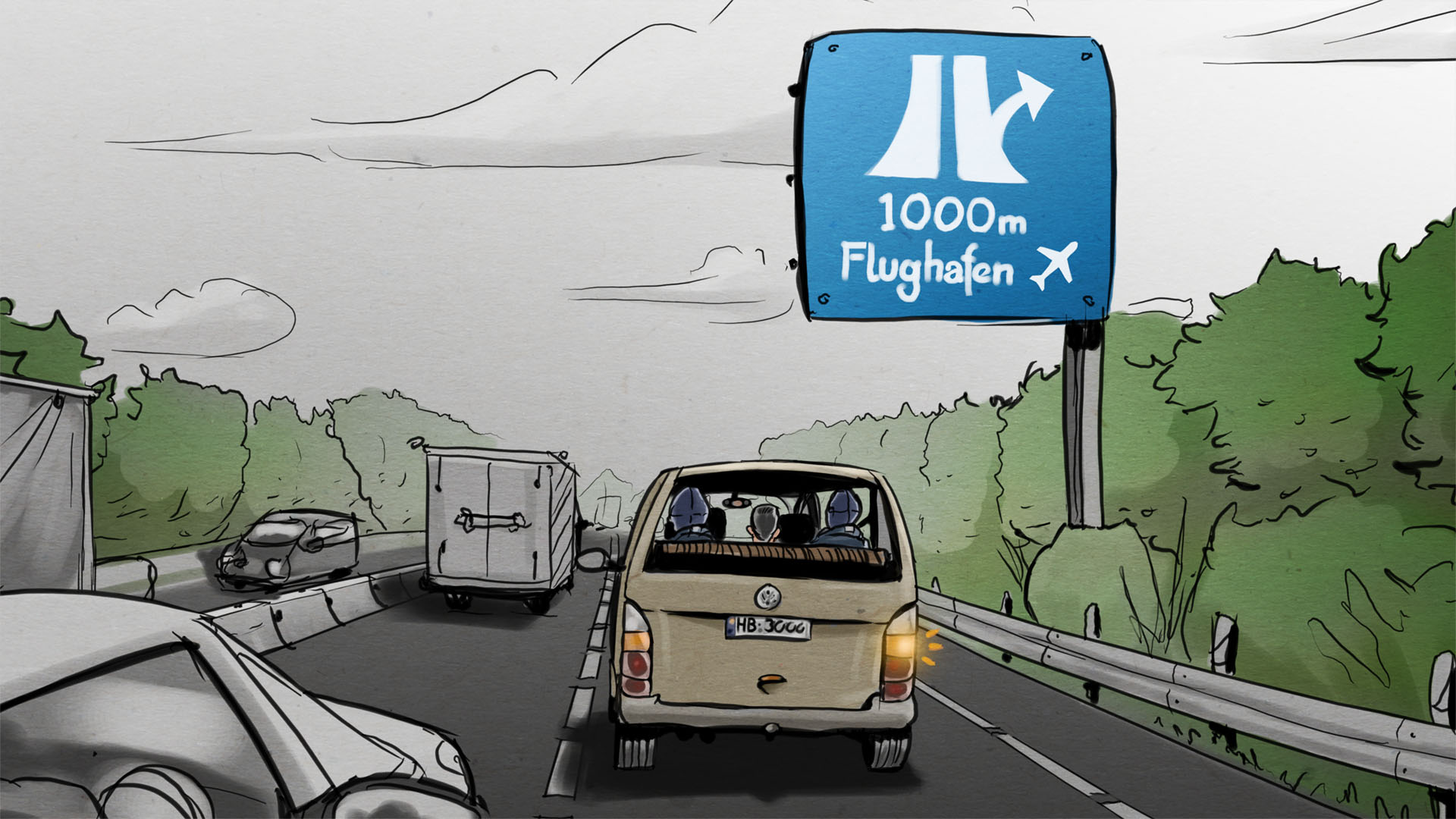 Illustration: Verdächtiger wird von vermummten Bundespolizisten in einem Minivan zum Flughafen gefahren.