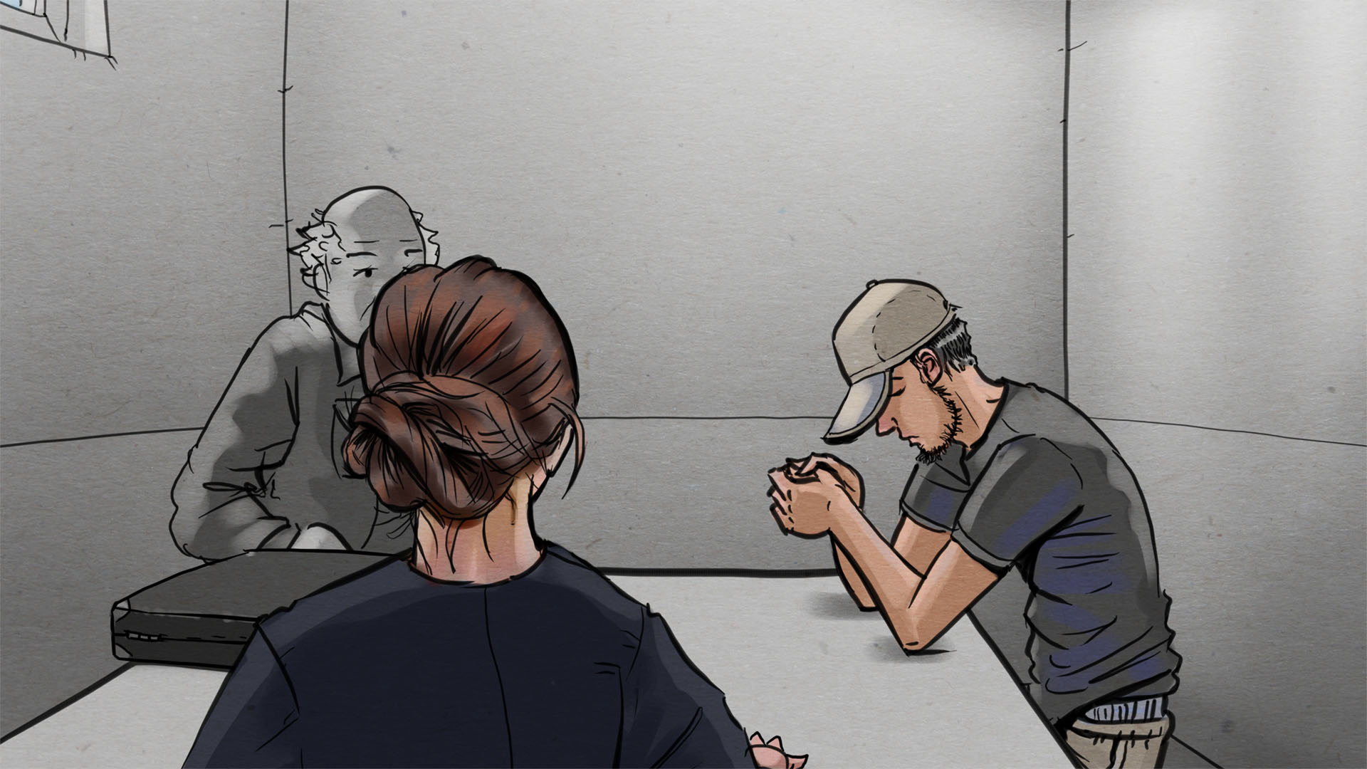 Illustration: Reporterin interviewt jungen Mann mit Schirmmütze in einer schlichten Zelle, ein Mann mit Aktentasche sitz daneben