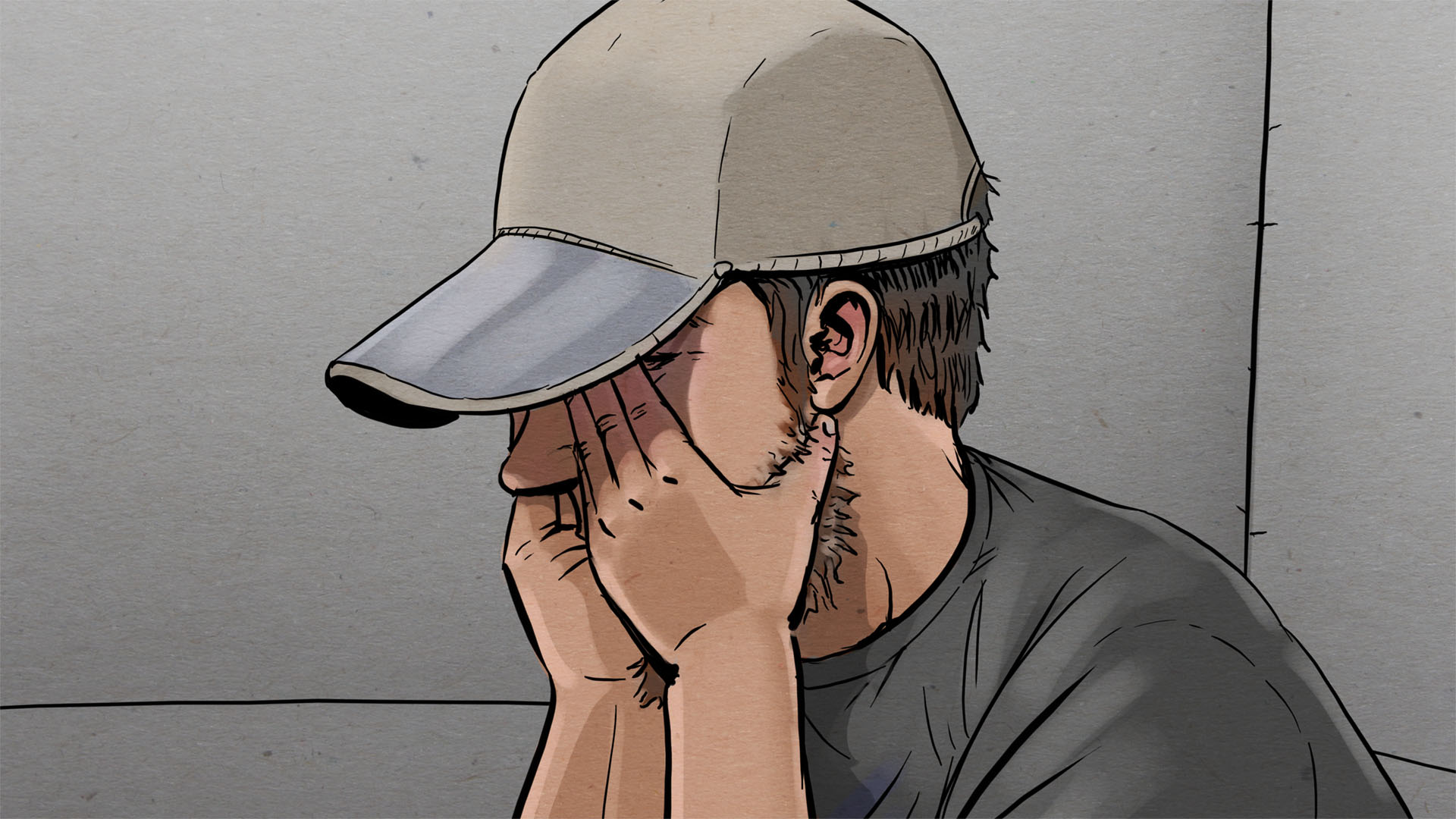 Illustration: Nahaufnahme des Angeklagten, dieser trägt eine Schirmmütze und schlägt die Hände vorm Gesicht zusammen