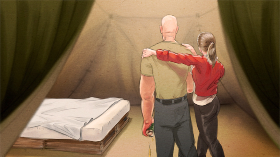 Illustration: Junge Frau führt betrunkenen Mann in ein erleuchtetes Zelt mit Bett