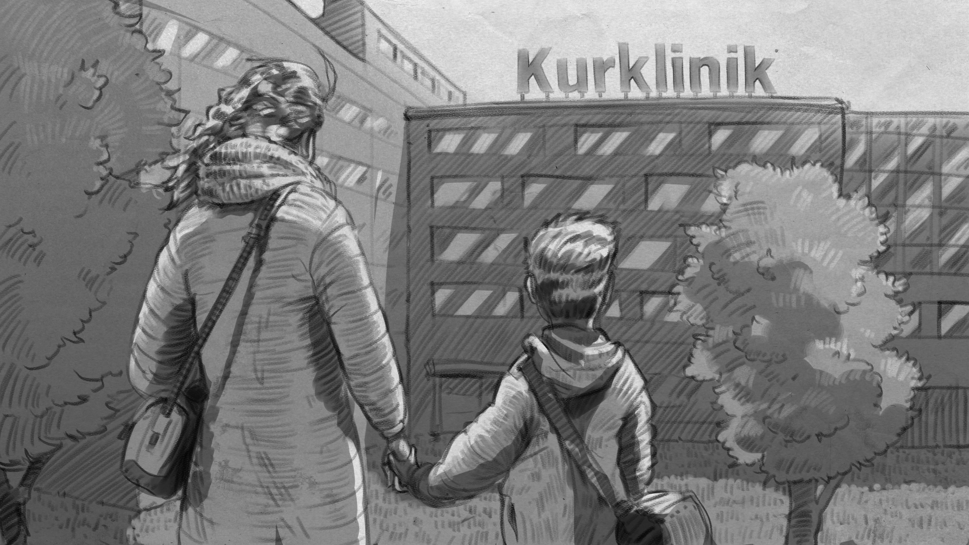 Illustration: Mutter und Sohn stehen Hand in Hand vor Kurklinik